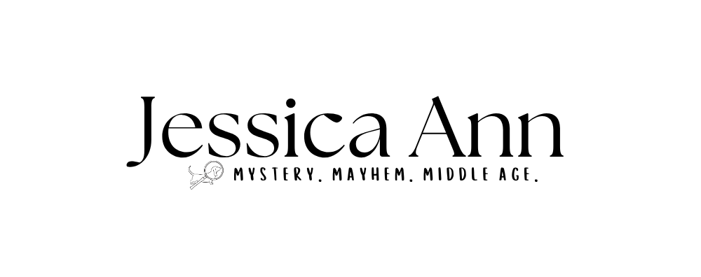Author Jessica Ann's mobile web logo featuring the tagline Mystery. Mayhem. Middle Age. and a basset hound with a magnifying glass.